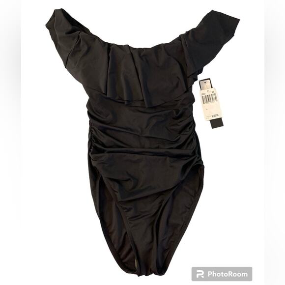 NWT La Blanca Island Goddess Black Off the Shoulder One Piece Swimsuit Size 4 - Picture 3 of 5